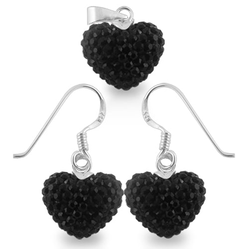 Black Crystal Stone Heart Silver Earring Pendant Set