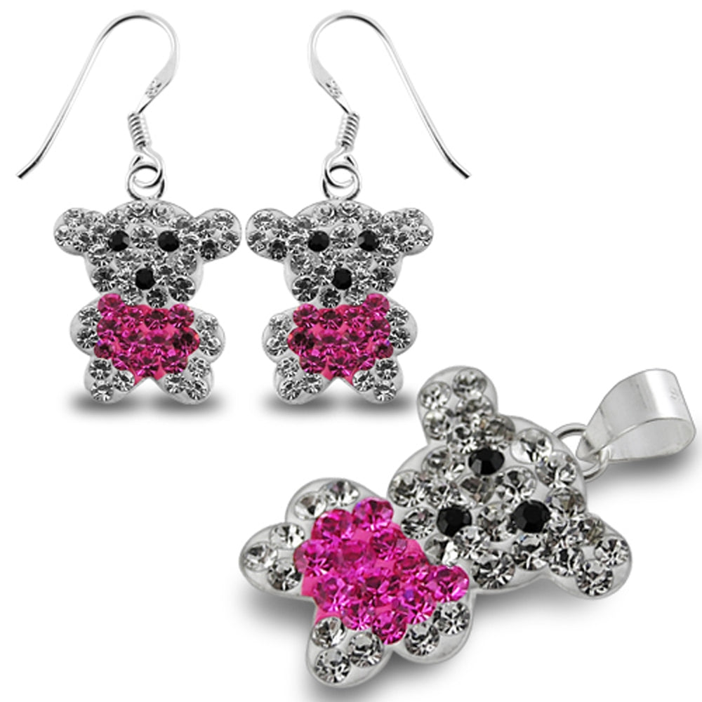 Pink And White Crystal stone Teddy Bear Earring Pendant Jewelry Set