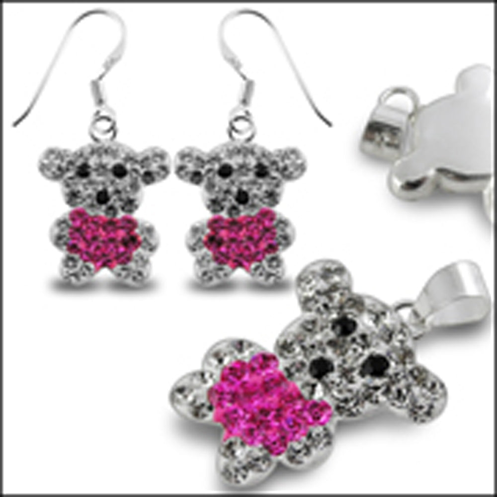 Pink And White Crystal stone Teddy Bear Earring Pendant Jewelry Set