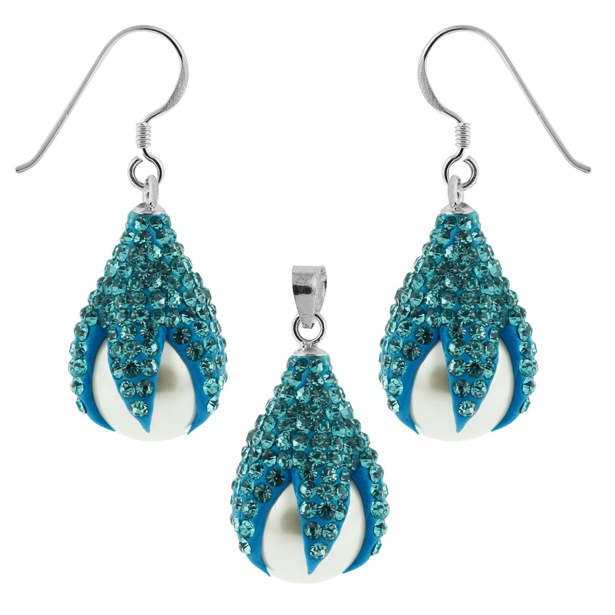 Multi Aqua Crystals Dragon Claw Setting over Synthetic Pearl 925 Sterling Silver Set Jewelry