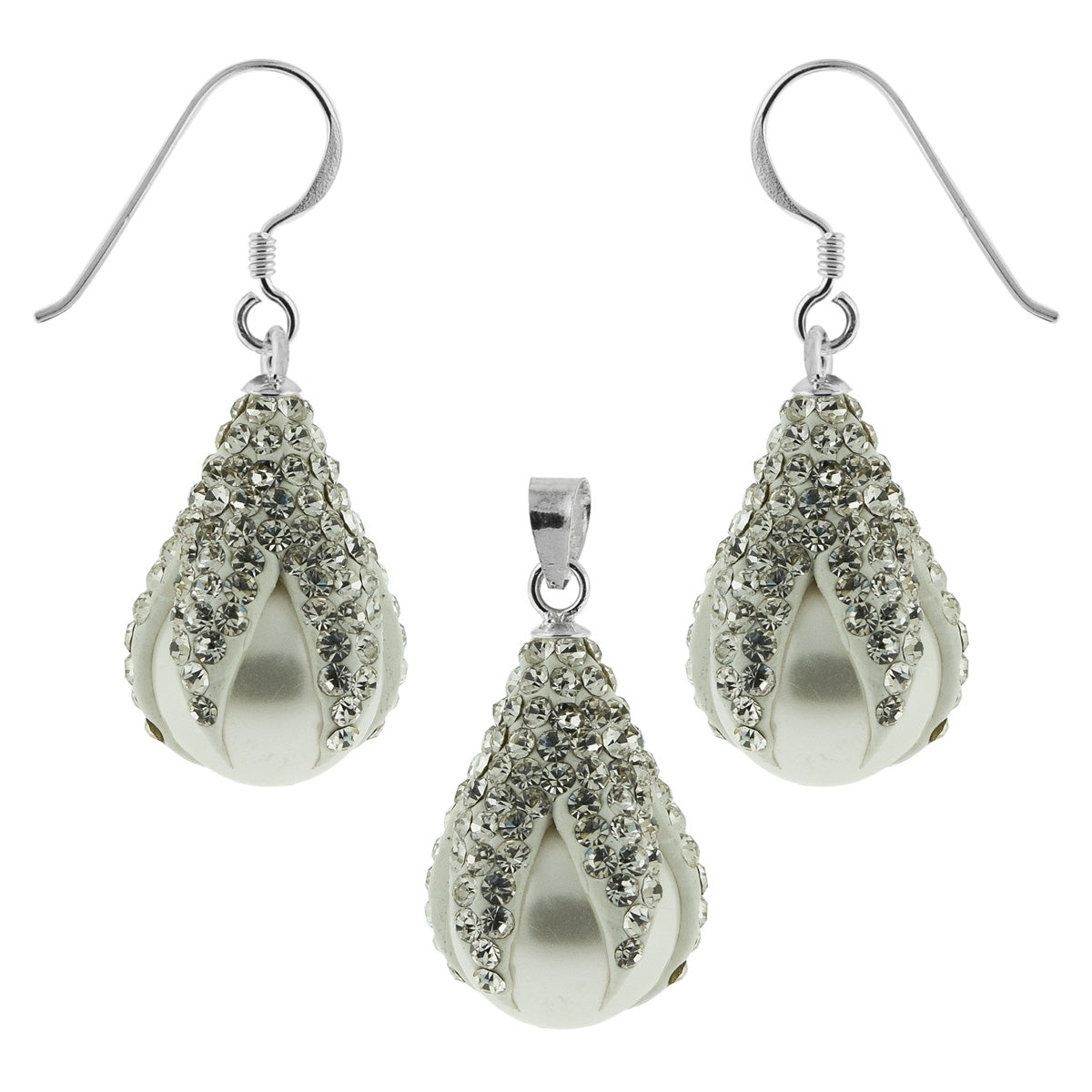 Multi White Crystals Dragon Claw Setting over Synthetic Pearl 925 Sterling Silver Set Jewelry