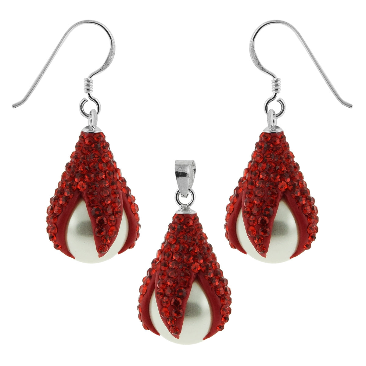 Multi Red Crystals Dragon Claw Setting over Synthetic Pearl 925 Sterling Silver Set Jewelry