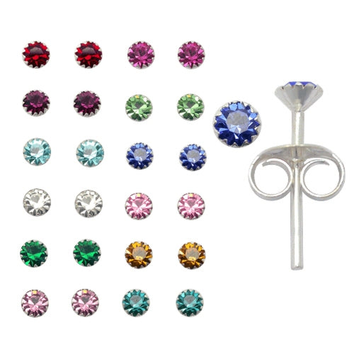 2mm Birth Stone Ear Studs in 12 pair Tray