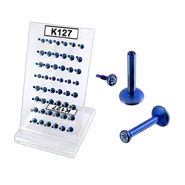 Blue Anodised Madonna Labret with Jeweled Top in Display