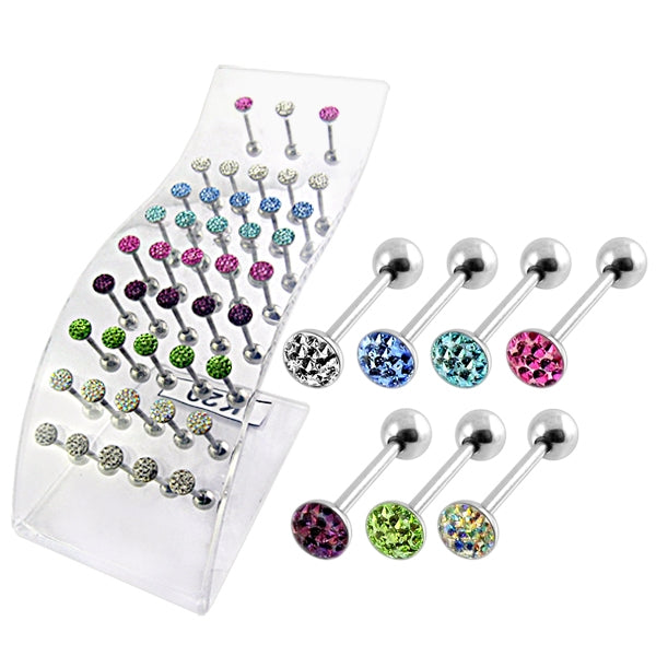 SS Straight Barbell with crystals fixed in Glue in a wave display