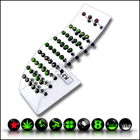 SS Tongue Barbell with Mix Logo UV Balls in a Wave display