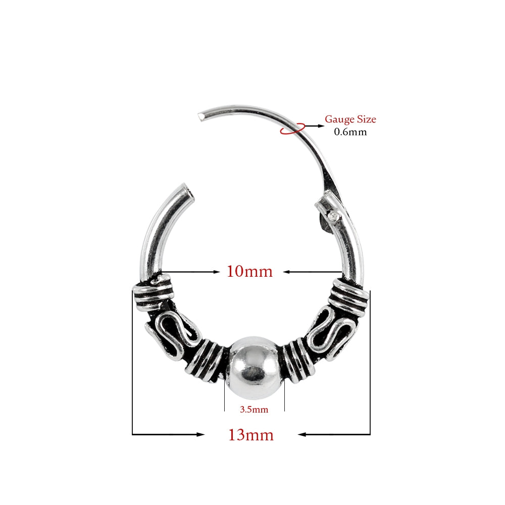 925 Sterling Silver Bali Style Oxidized Center Beaded Tribal Hinged Segment Nose Ring