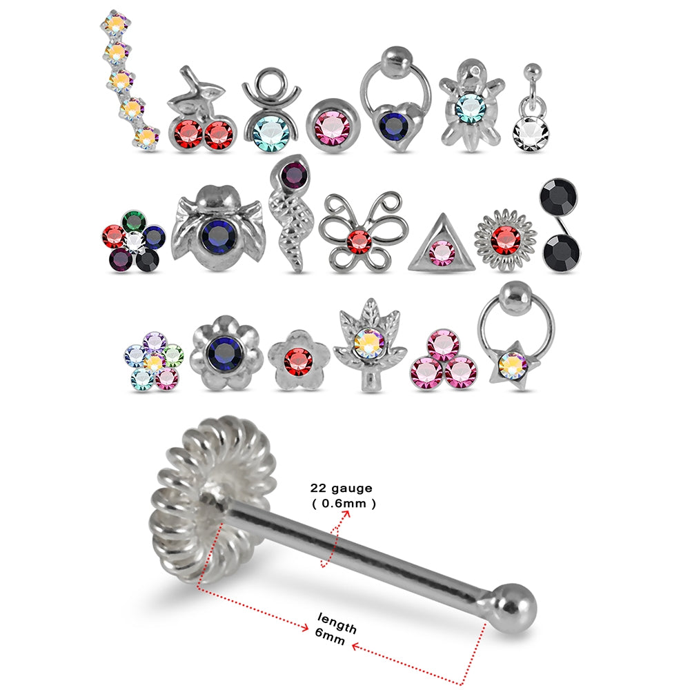 20 Mixed Designs 925 Sterling Silver Cubic Zirconia Ball End Nose Studs in Box