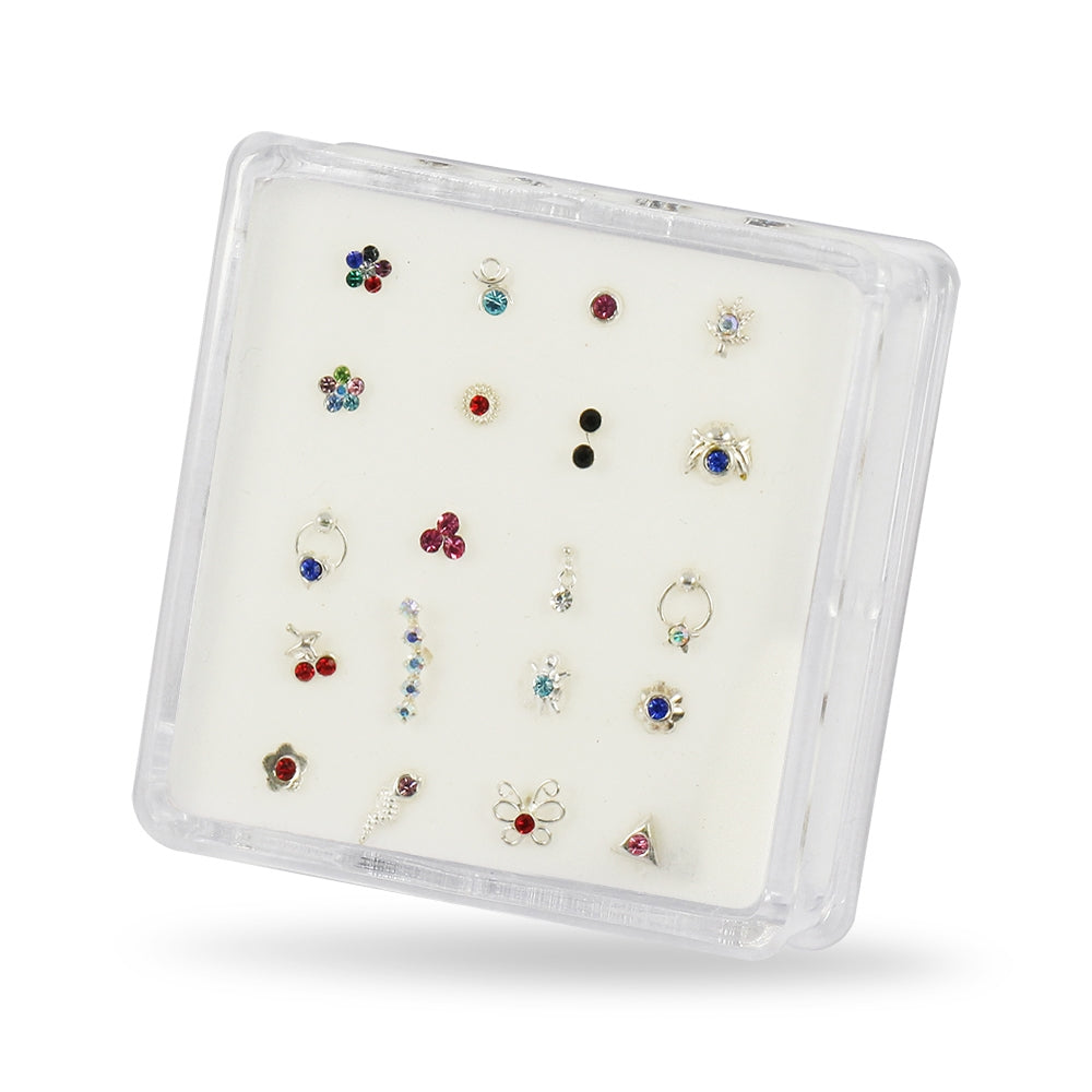 20 Mixed Designs 925 Sterling Silver Cubic Zirconia Ball End Nose Studs in Box