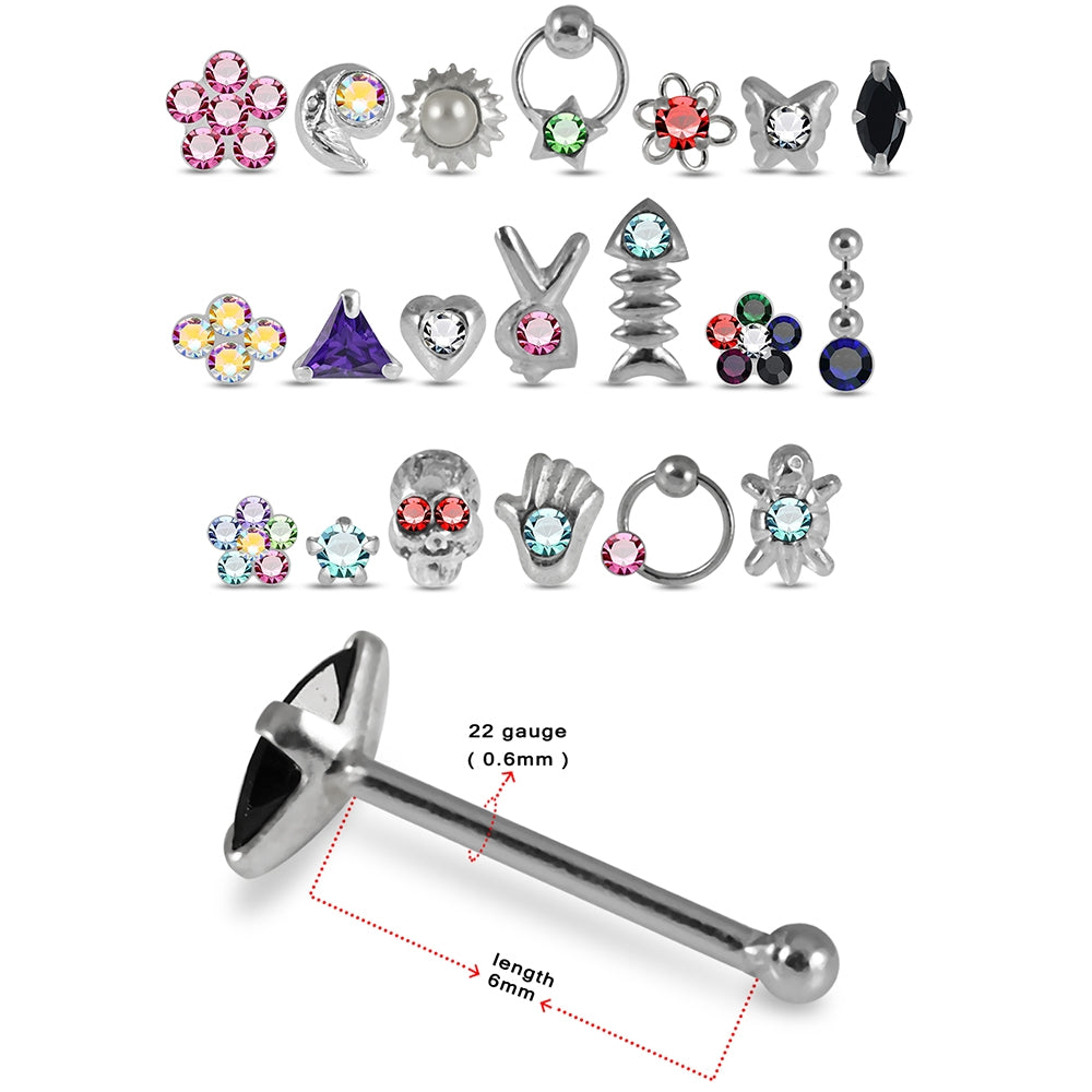 20 Mixed Designs 925 Sterling Silver Jeweled Nose Studs in Box