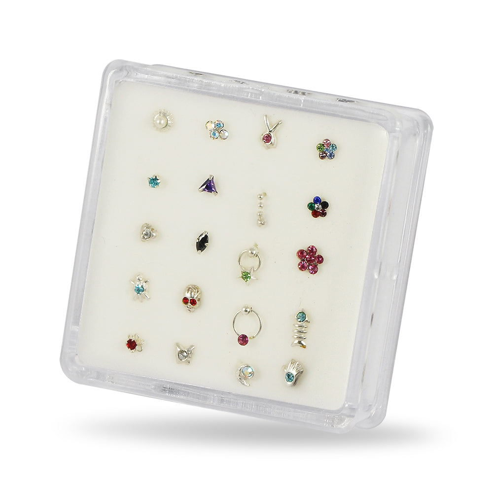 20 Mixed Designs 925 Sterling Silver Jeweled Nose Studs in Box