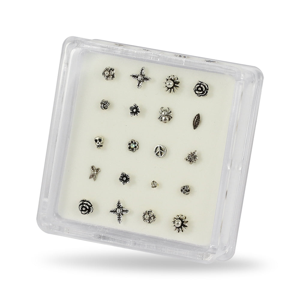 20 Mixed Designs 925 Sterling Silver Oxidized Nose Studs in Box