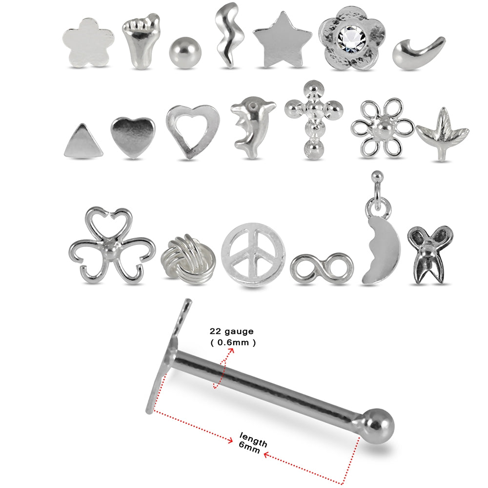 20 Mixed Designs 925 Sterling Silver Ball End Nose Studs in Box