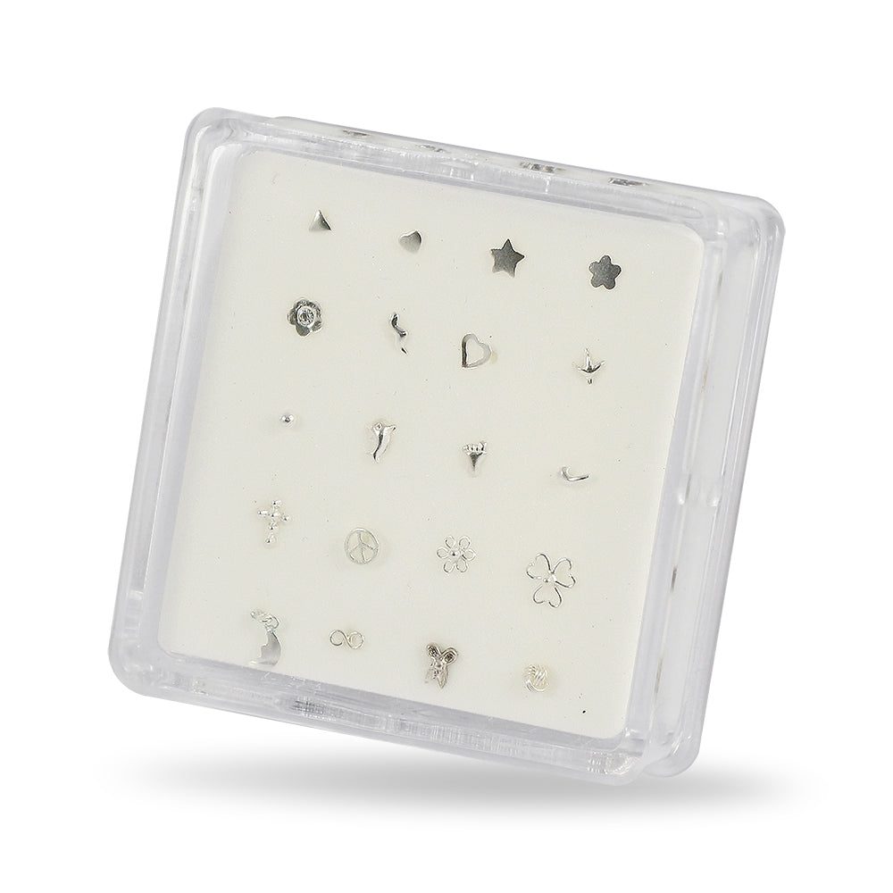 20 Mixed Designs 925 Sterling Silver Ball End Nose Studs in Box