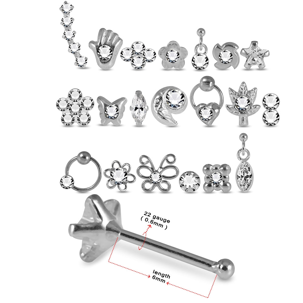20 Mixed Designs 925 Sterling Silver Jeweled Ball End Nose Studs in Box