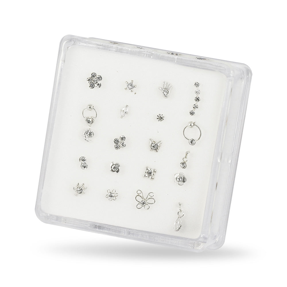 20 Mixed Designs 925 Sterling Silver Jeweled Ball End Nose Studs in Box