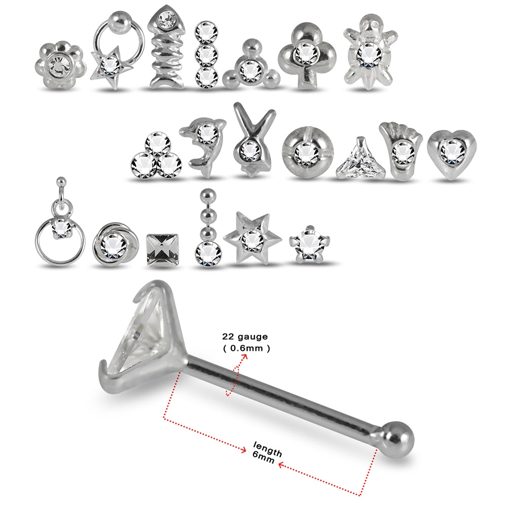 20 Mixed Designs 925 Sterling Silver Jeweled Nose Studs in Box