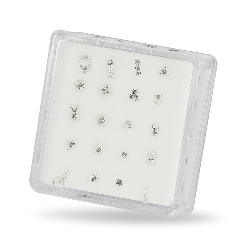 20 Mixed Designs 925 Sterling Silver Jeweled Nose Studs in Box