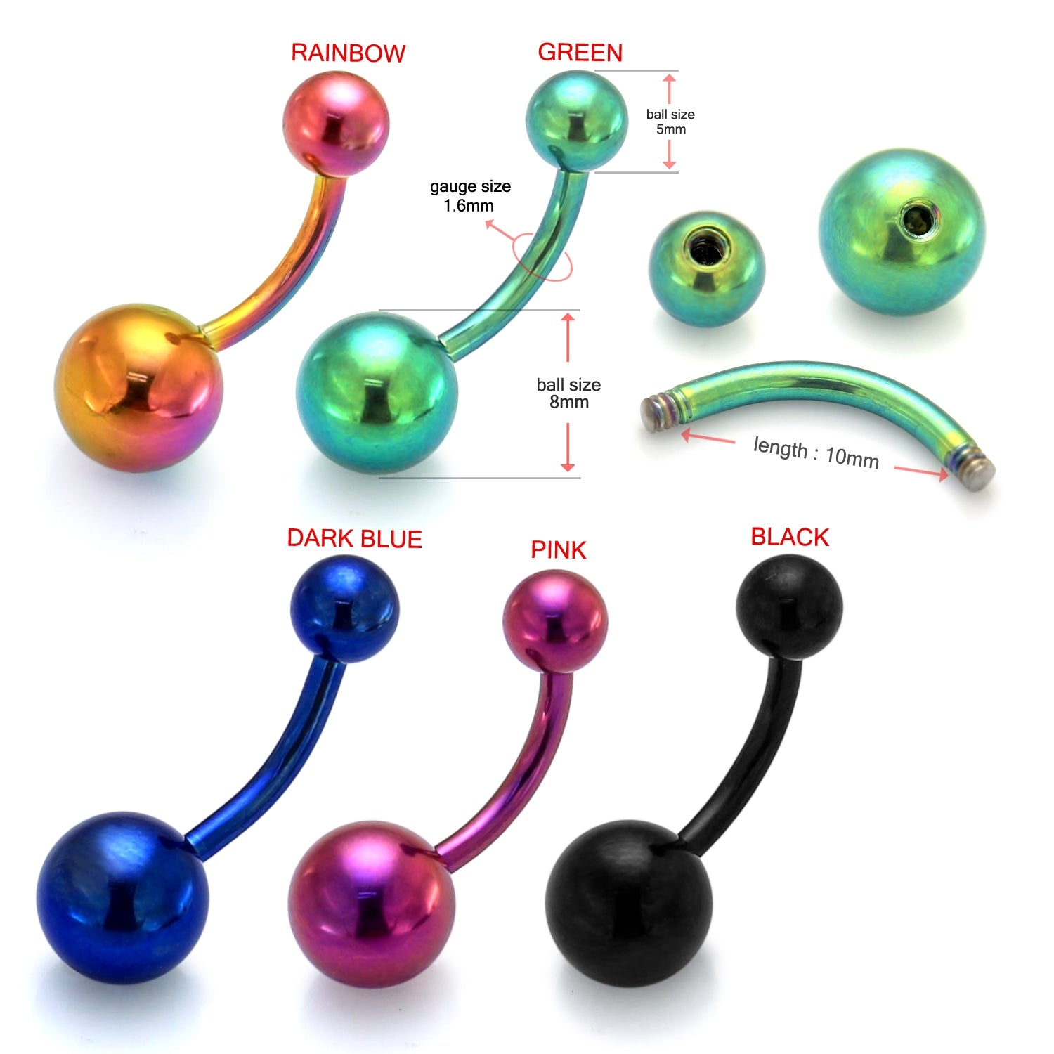 316L Surgical steel Anodised Belly banana with Ball