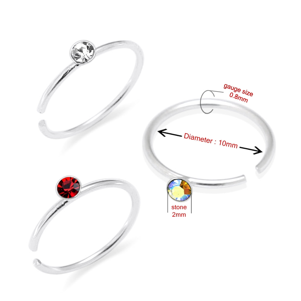 925 Sterling Silver Jeweled Nose Hoop Ring in Box