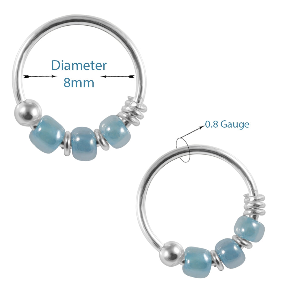925 Sterling Silver Aqua Bead Nose Hoop Ring