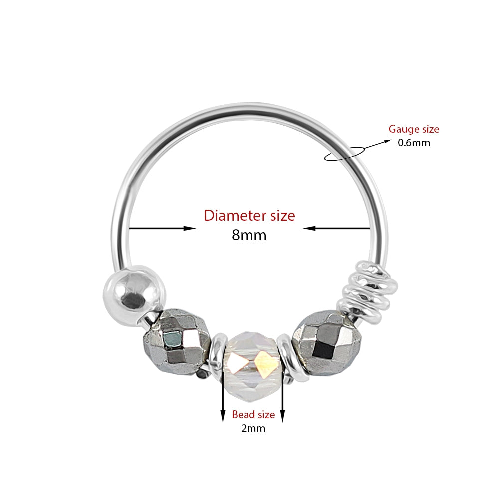 925 Sterling Silver Clear and Grey/Fossil Bead Nose Hoop Ring