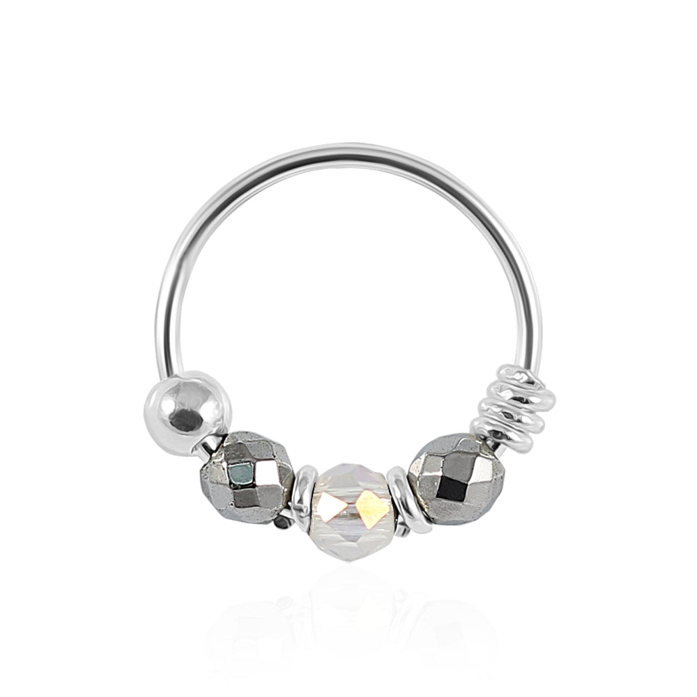 925 Sterling Silver Clear and Grey/Fossil Bead Nose Hoop Ring