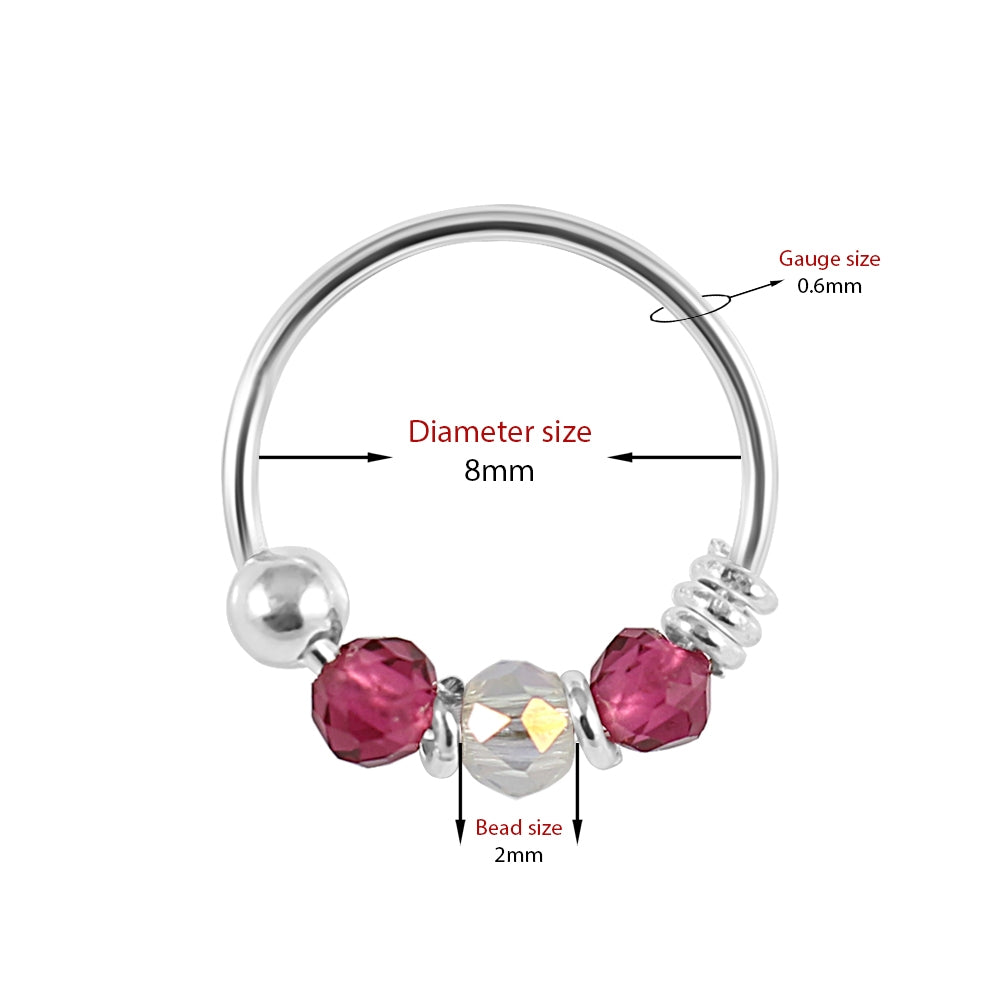 925 Sterling Silver Clear and Hot Pink Bead Nose Hoop Ring