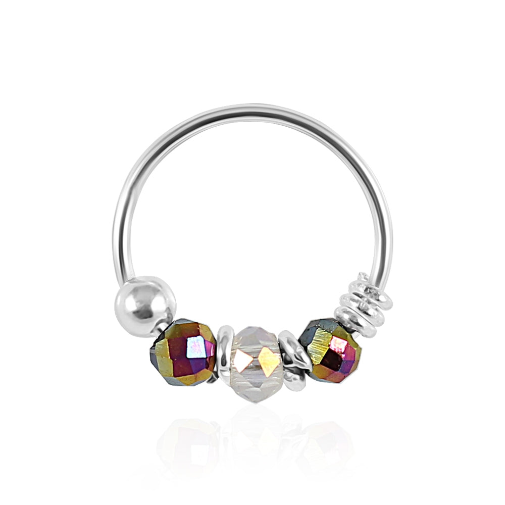 925 Sterling Silver Clear and Magenta Denim Bead Nose Hoop Ring