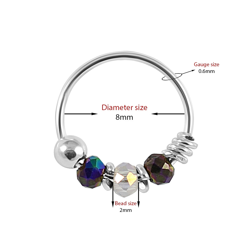 925 Sterling Silver Clear and Peacock Color Bead Nose Hoop Ring