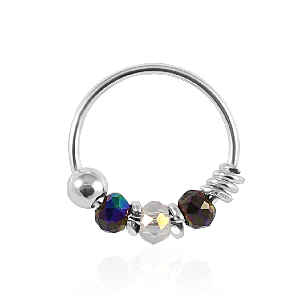 925 Sterling Silver Clear and Peacock Color Bead Nose Hoop Ring
