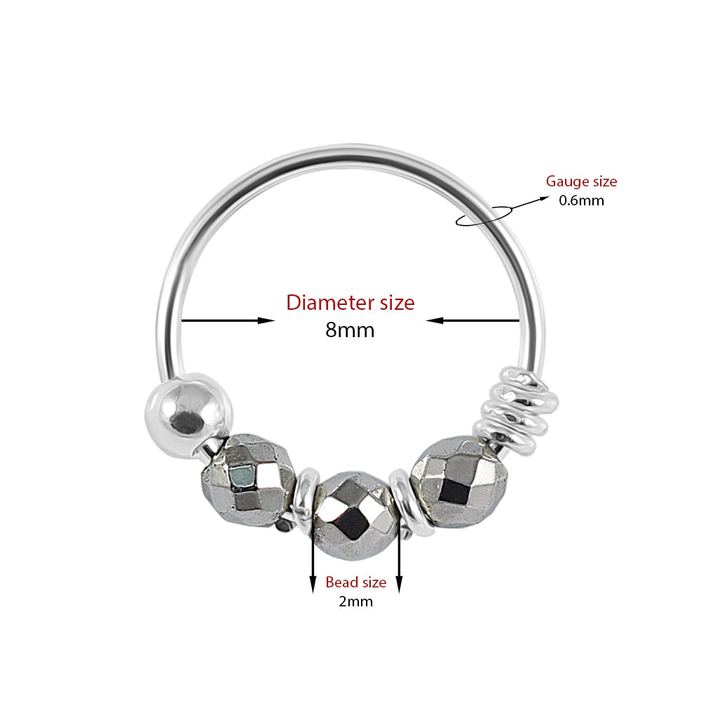 925 Sterling Silver Grey/Fossil Bead Nose Hoop Ring