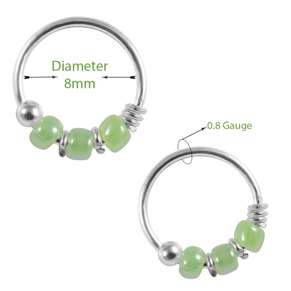 925 Sterling Silver Green Bead Nose Hoop Ring
