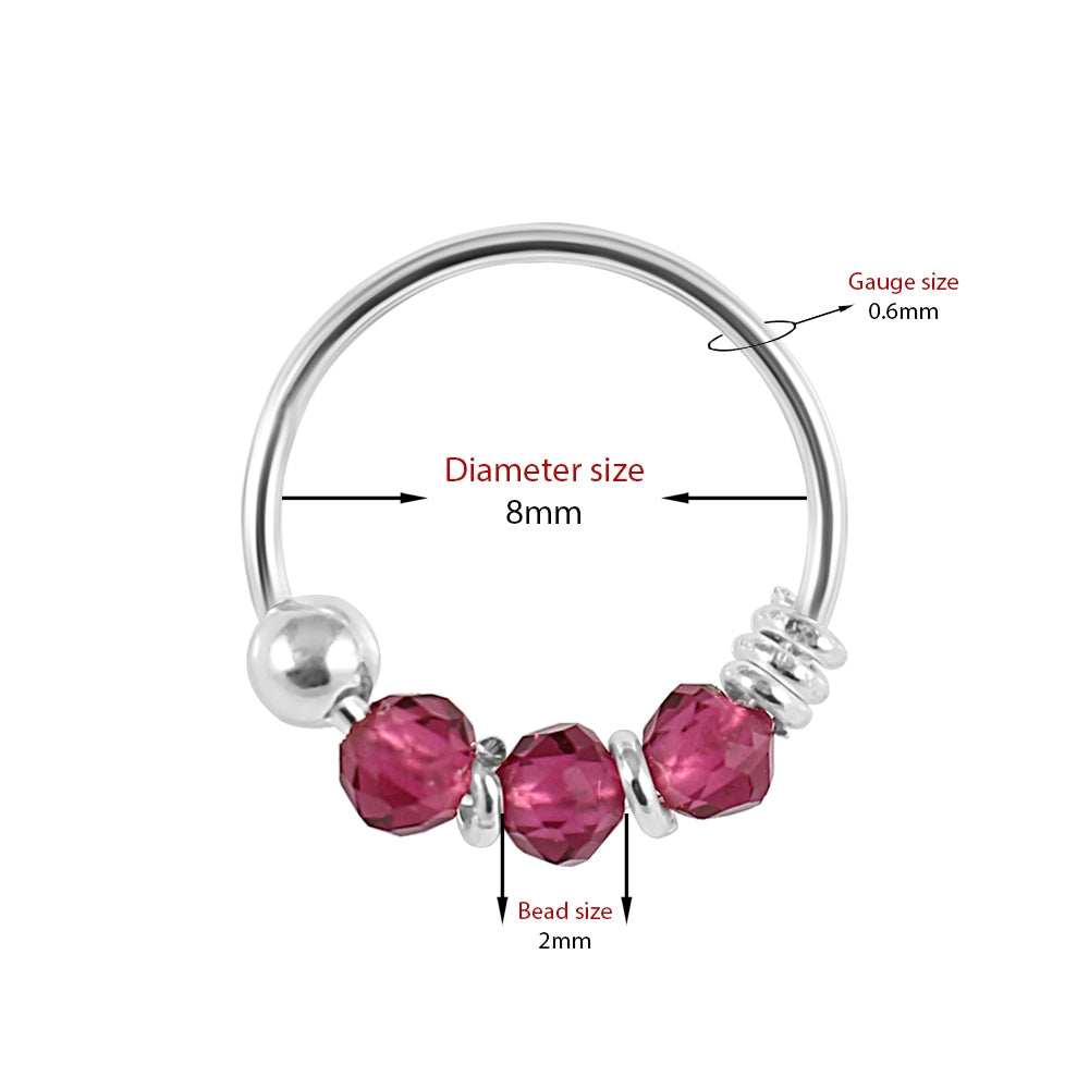 925 Sterling Silver Hot Pink Bead Nose Hoop Ring