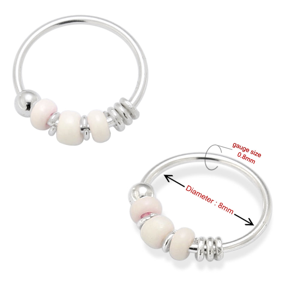925 Sterling Silver Milk White Bead Nose Hoop Ring