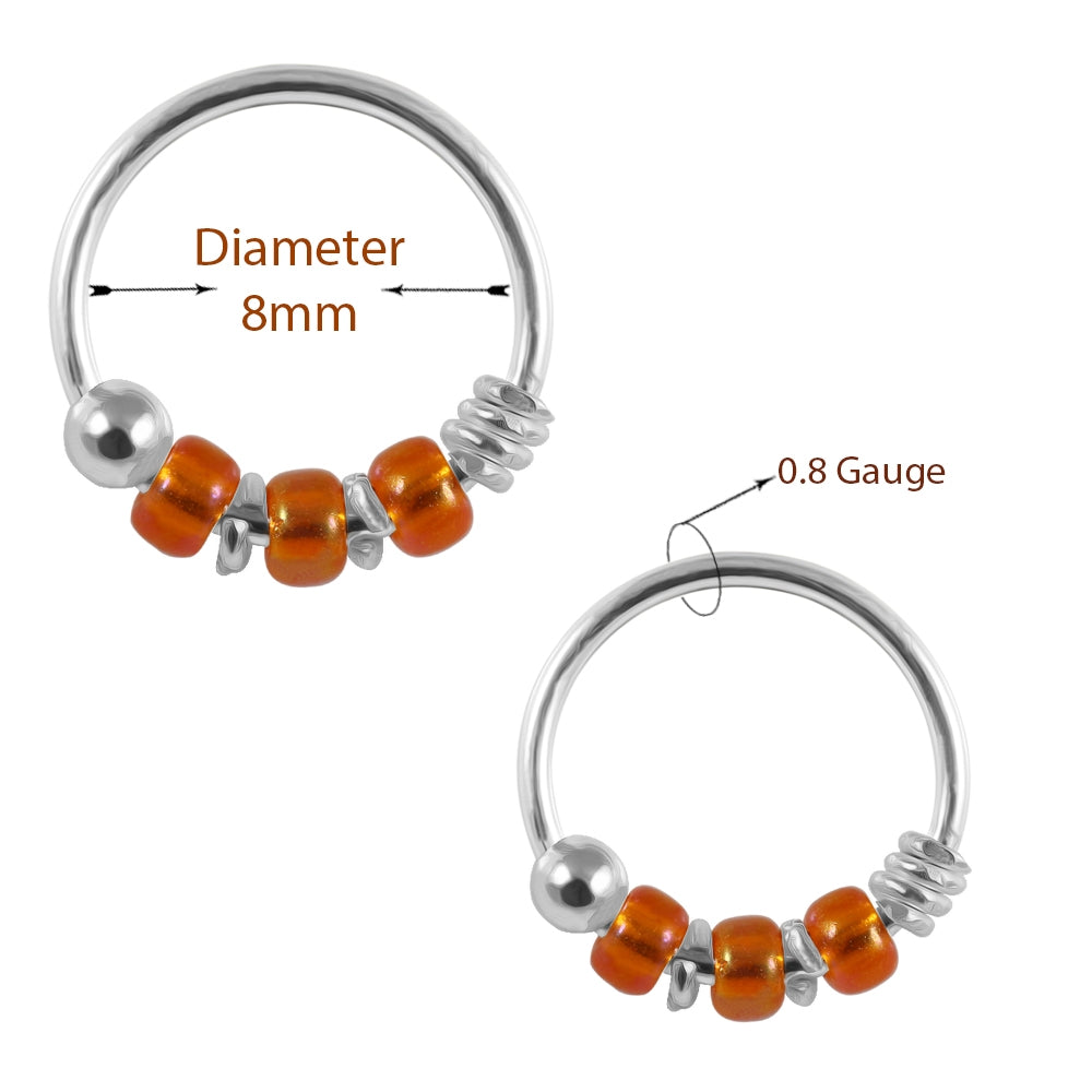 925 Sterling Silver Transparent Orange Bead Nose Hoop Ring