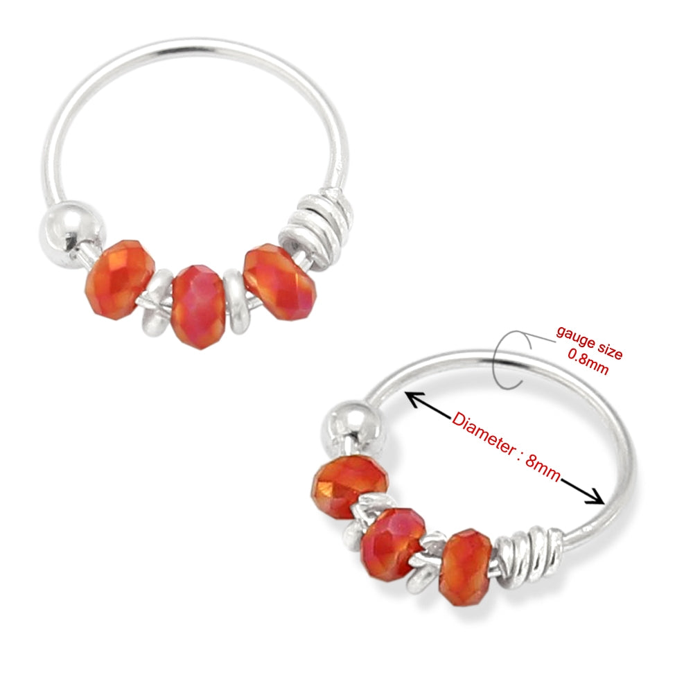 925 Sterling Silver Pink and Red Bead Nose Hoop Ring