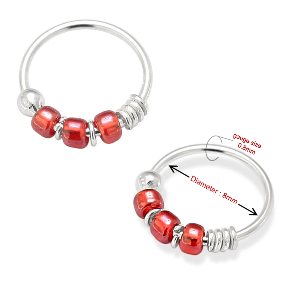 925 Sterling Silver Transparent Red Bead Nose Hoop Ring