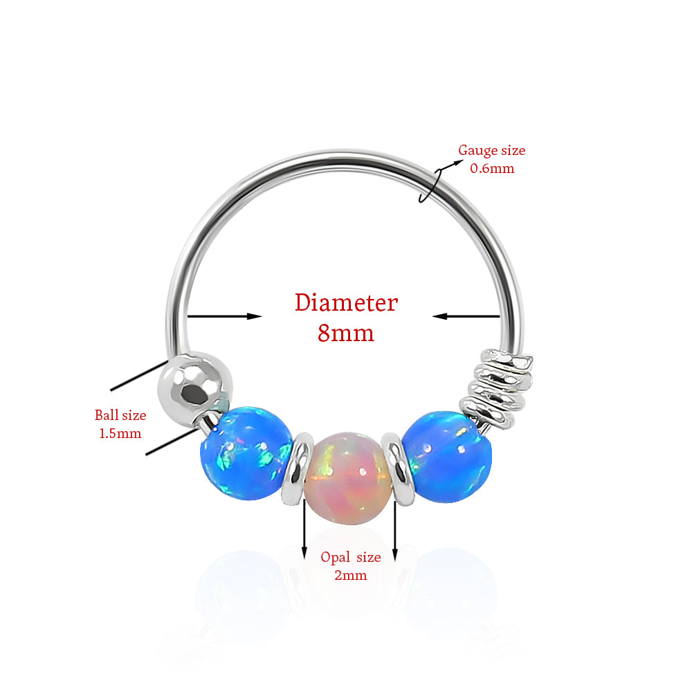 925 Sterling Silver Dark Blue with Pink Opal Bead in Center Nose Hoop Ring