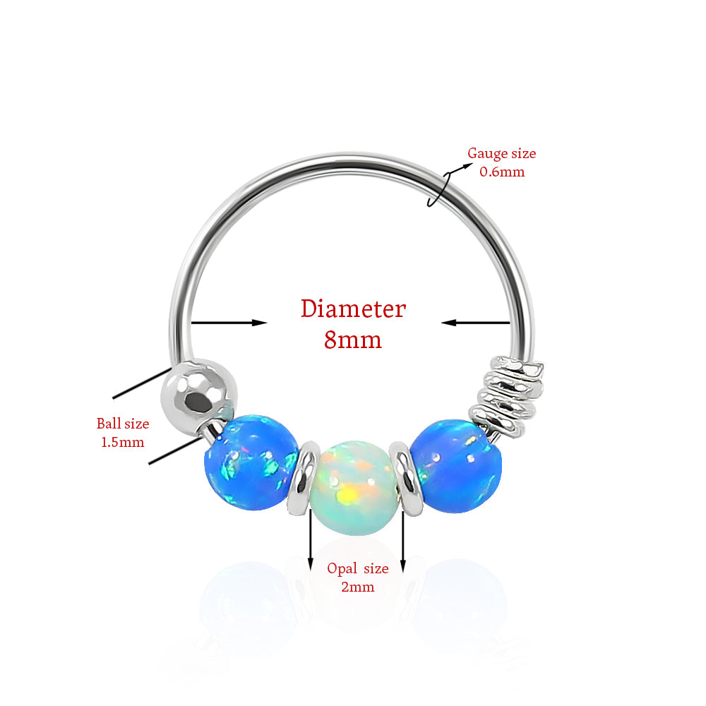 925 Sterling Silver Dark Blue with Light Green Opal Bead in Center Nose Hoop Ring