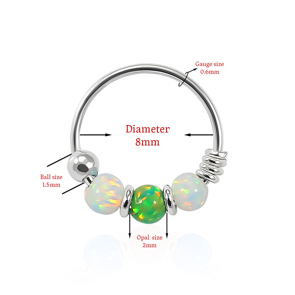 925 Sterling Silver AB with Green Opal Bead in Center Nose Hoop Ring