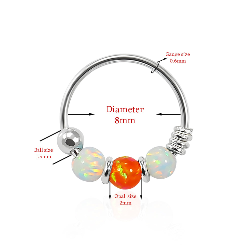 925 Sterling Silver AB with Orange Opal Bead in Center Nose Hoop Ring