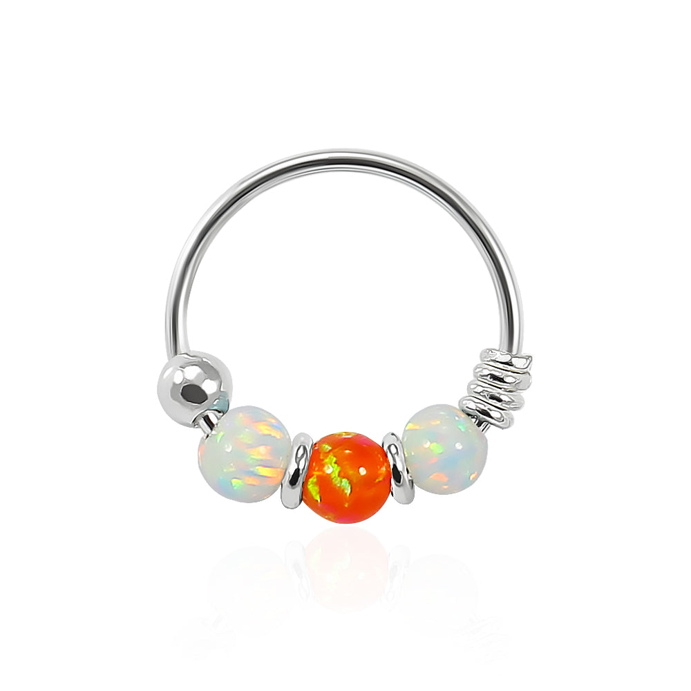 925 Sterling Silver AB with Orange Opal Bead in Center Nose Hoop Ring