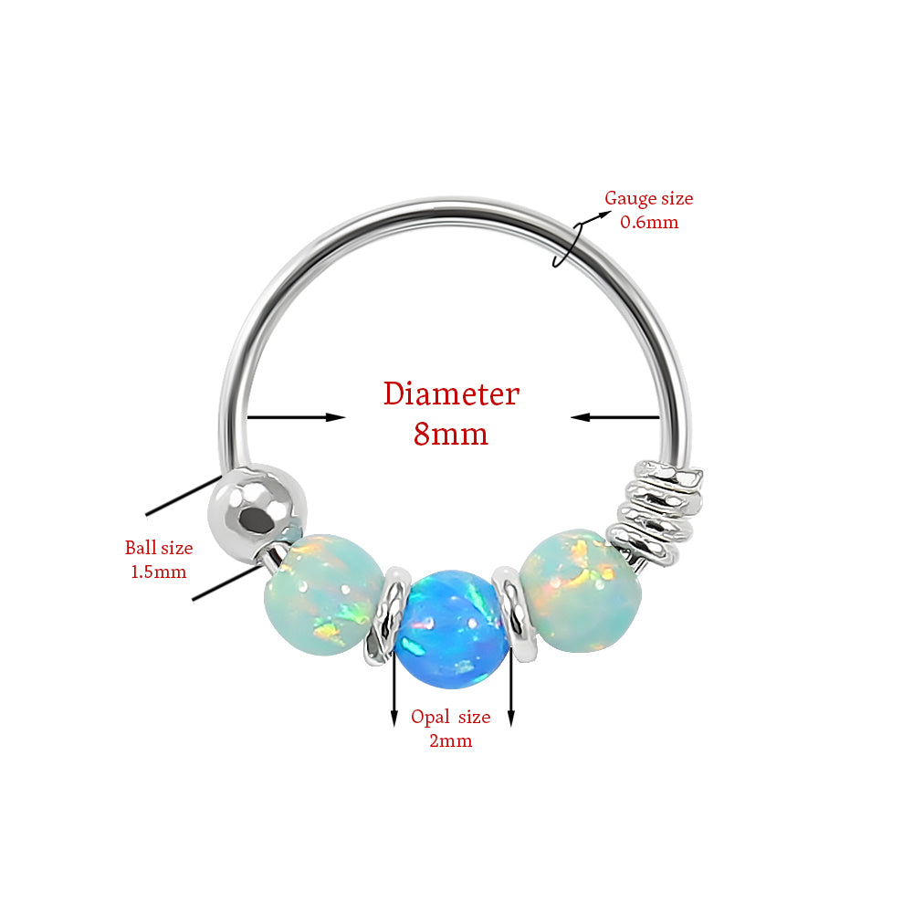 925 Sterling Silver Light Green with Dark Blue Opal Bead in Center Nose Hoop Ring