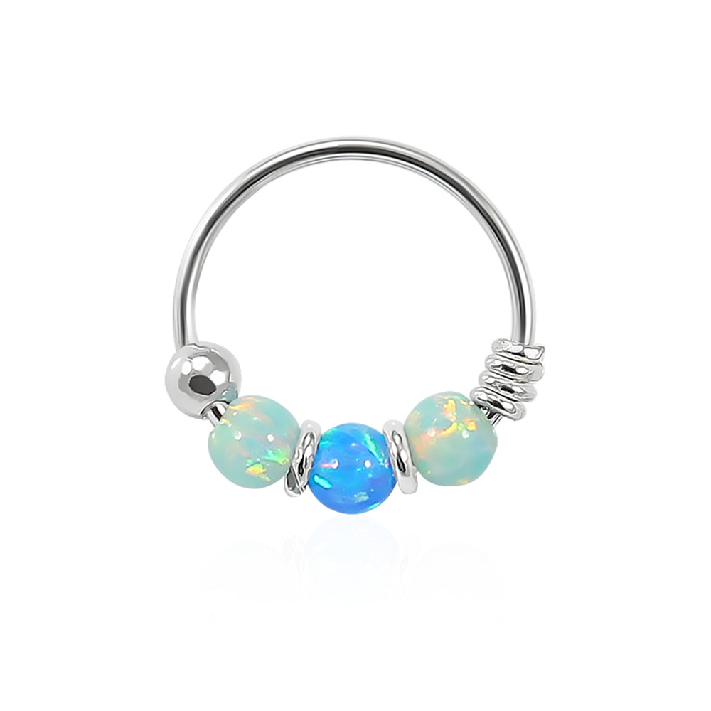 925 Sterling Silver Light Green with Dark Blue Opal Bead in Center Nose Hoop Ring