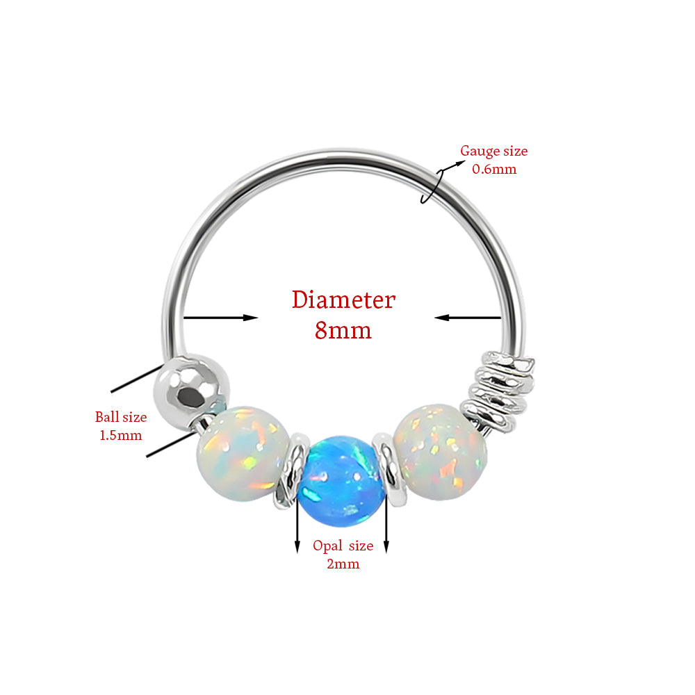 925 Sterling Silver AB with Dark Blue Opal Bead in Center Nose Hoop Ring