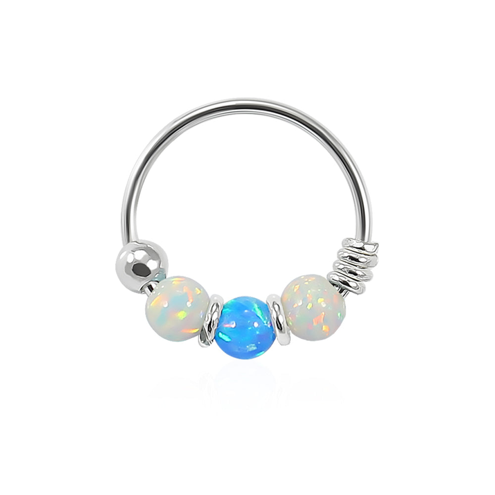 925 Sterling Silver AB with Dark Blue Opal Bead in Center Nose Hoop Ring