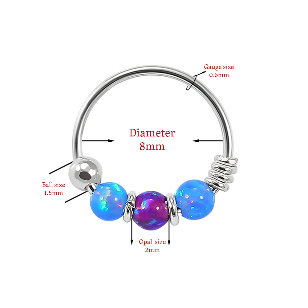 925 Sterling Silver Dark Blue with Purple Opal Bead in Center Nose Hoop Ring