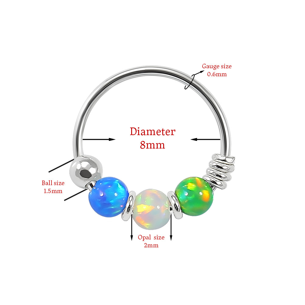 925 Sterling Silver Blue Green with AB Opal Bead in Center Nose Hoop Ring