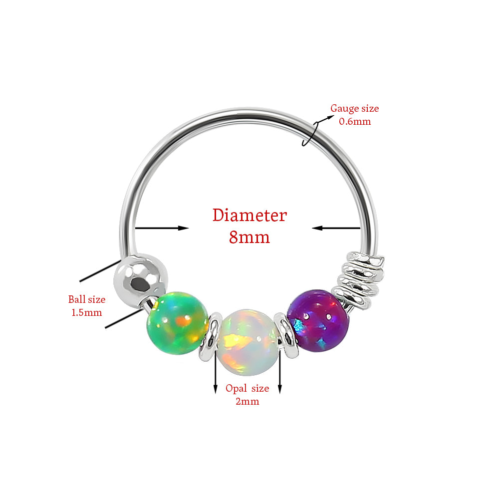 925 Sterling Silver Green Purple with AB Opal Bead in Center Nose Hoop Ring